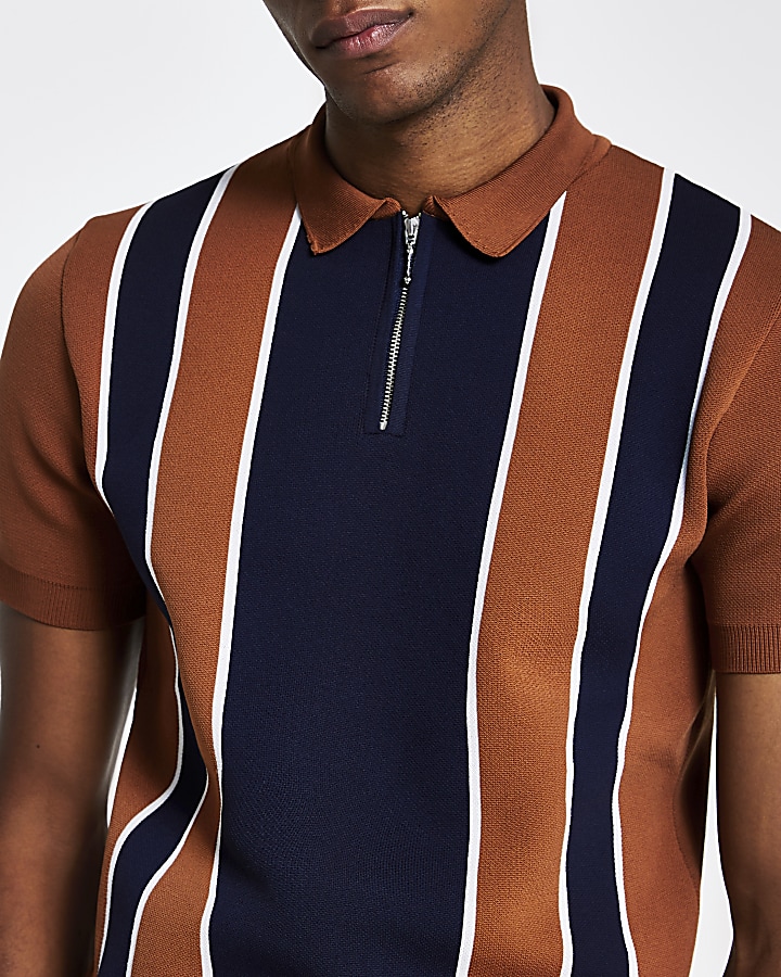 Rust short sleeve stripe knitted polo shirt