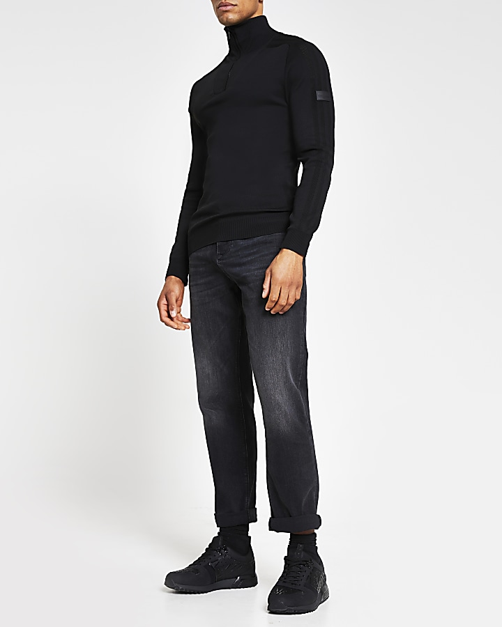 Black half zip muscle fit knitted jumper
