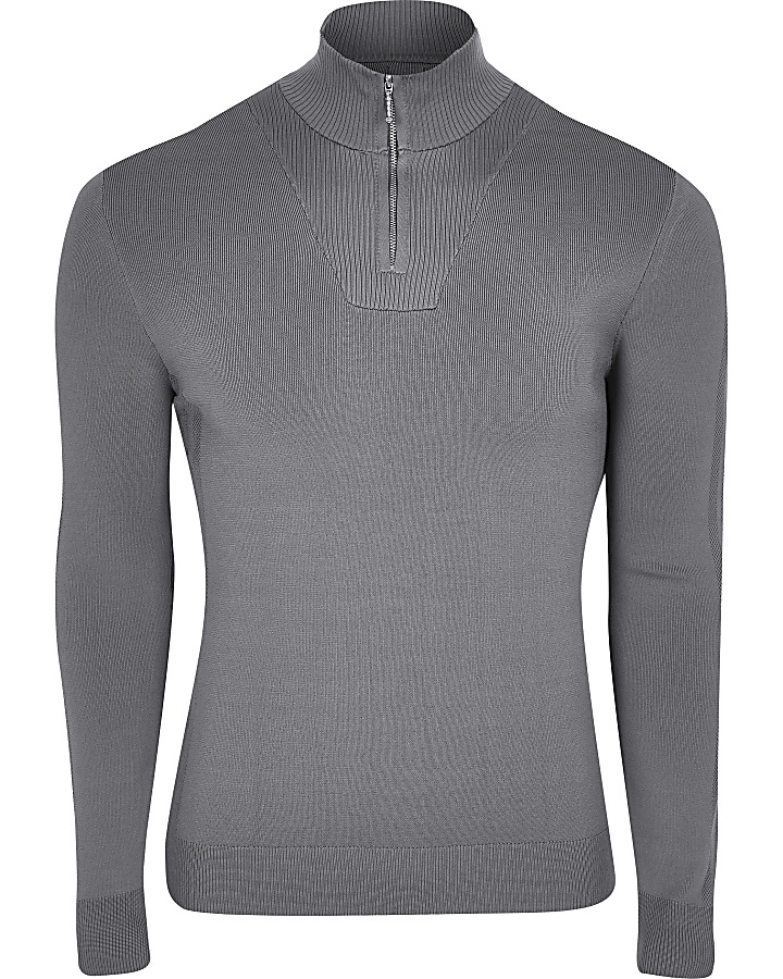 Grey half zip muscle fit knitted jumper