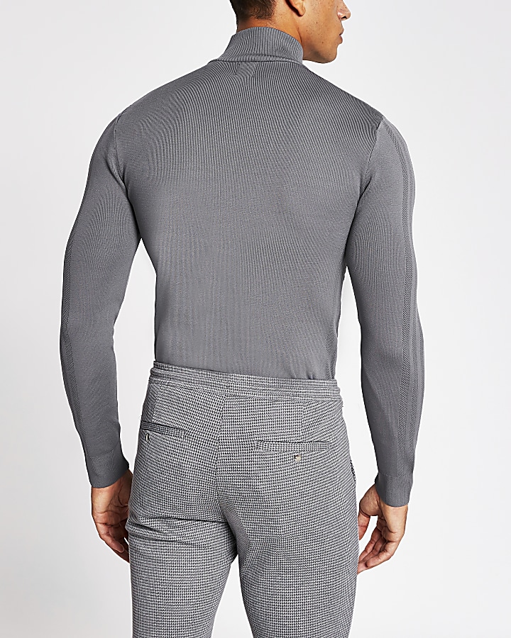 Grey half zip muscle fit knitted jumper