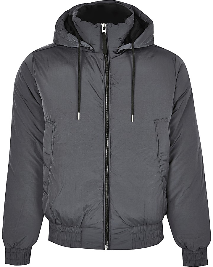 Grey hooded short puffer jacket