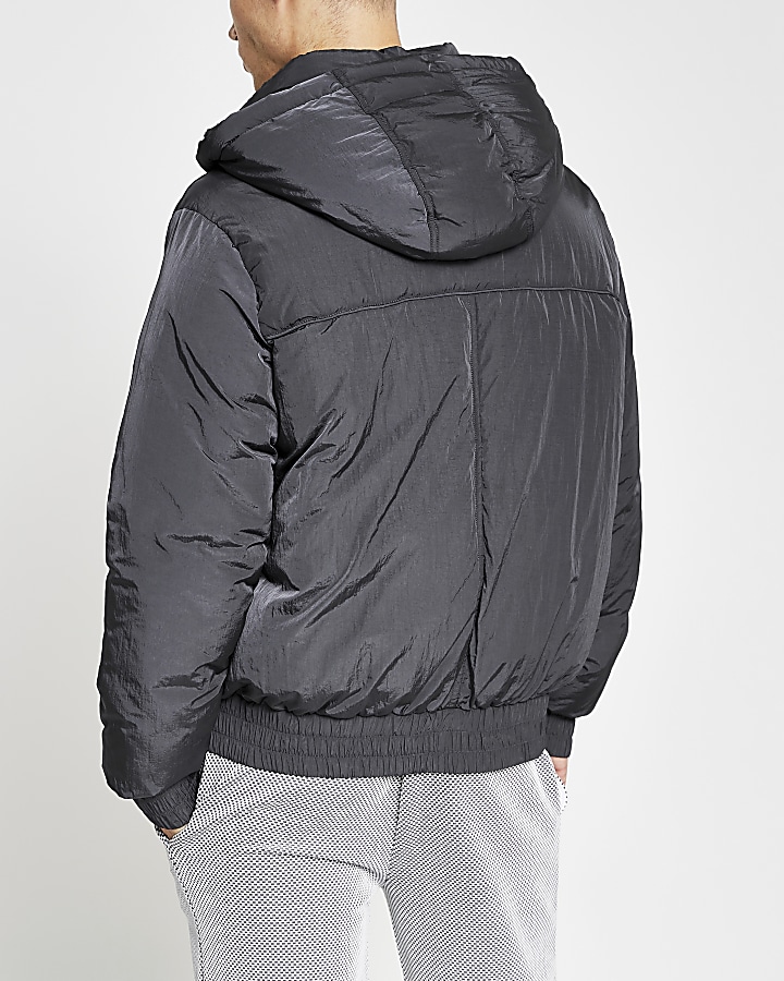 Grey hooded short puffer jacket
