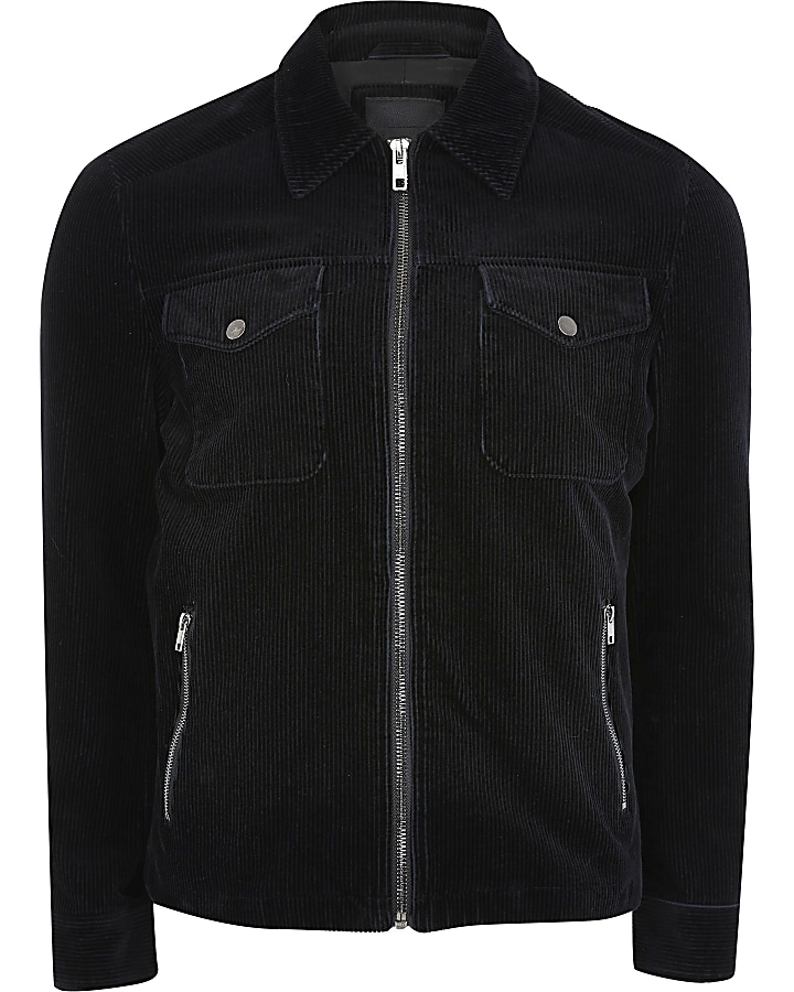 Black cord zip front western jacket