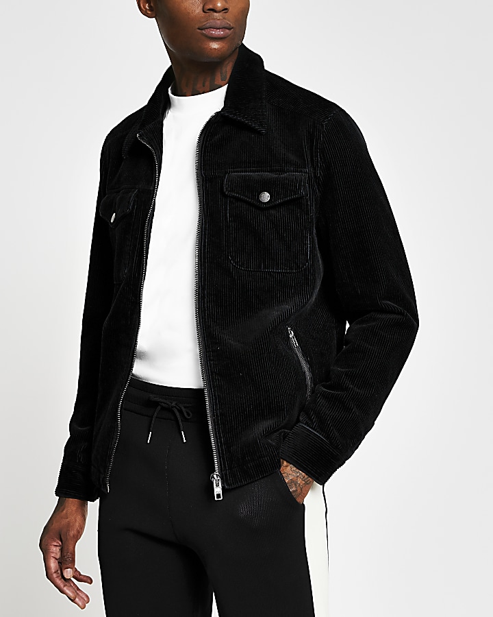 Black cord zip front western jacket