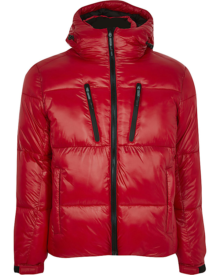 Red double zip pocket puffer jacket