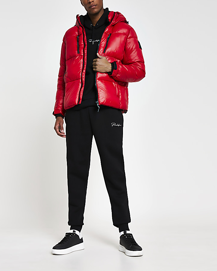 Red double zip pocket puffer jacket