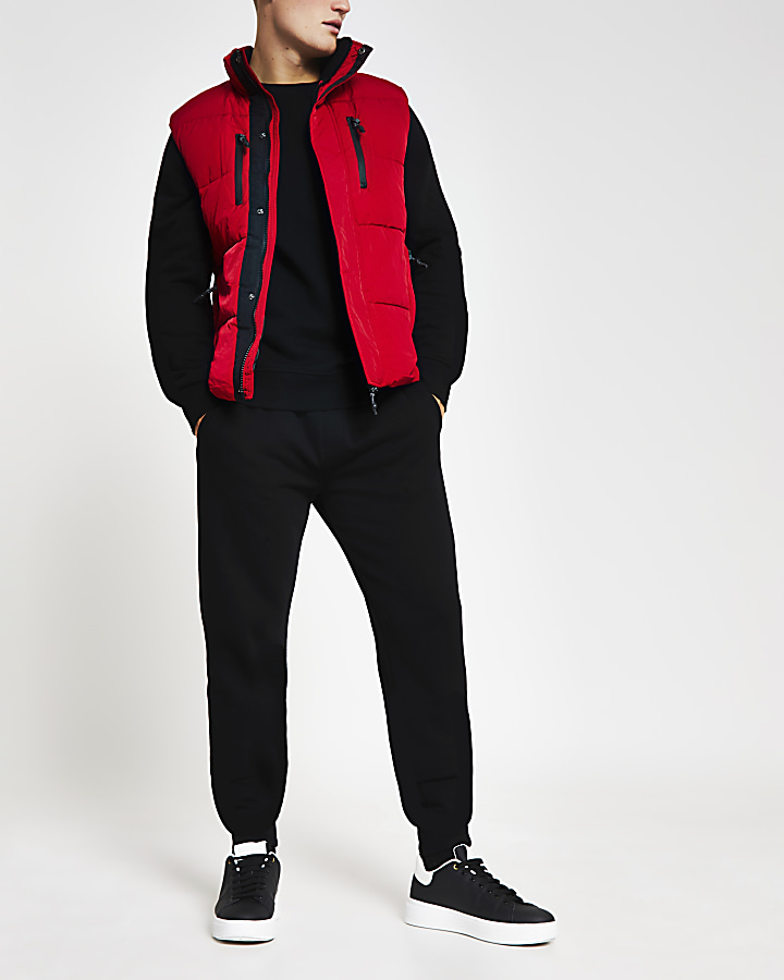Red padded double pocket puffer gilet