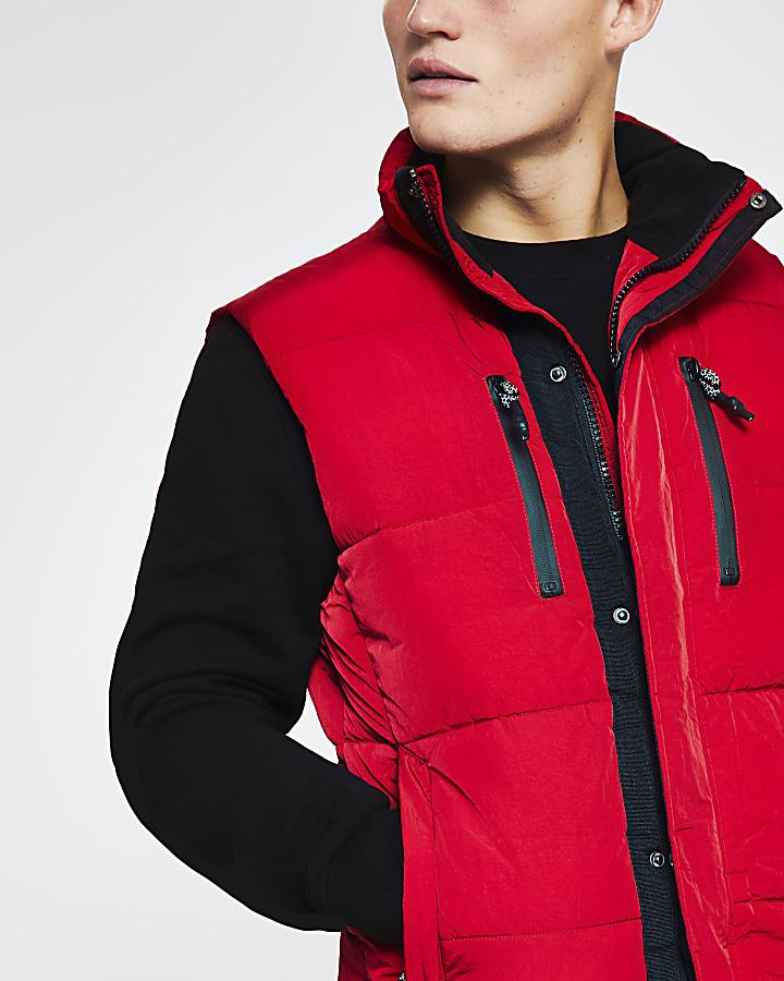 Red padded double pocket puffer gilet