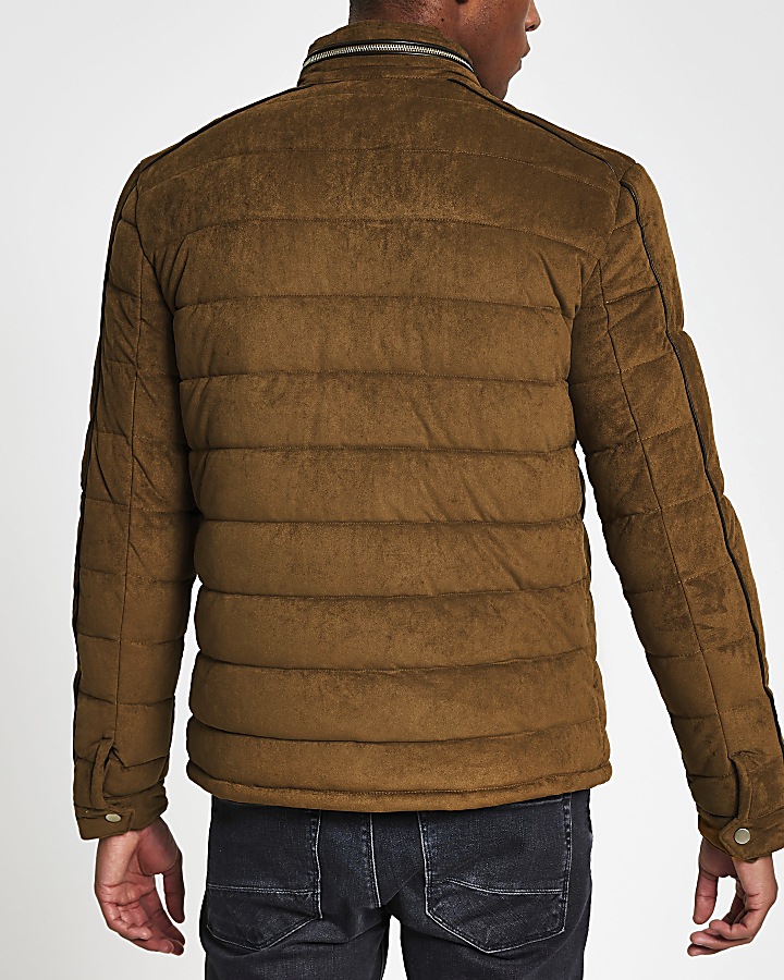 Brown faux suede quilted racer jacket