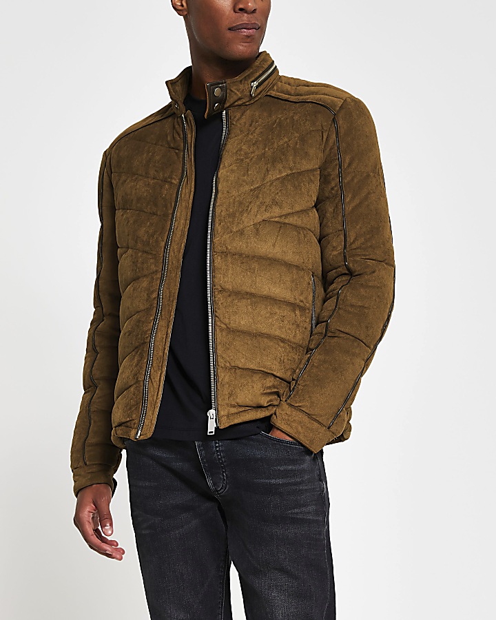 Brown faux suede quilted racer jacket