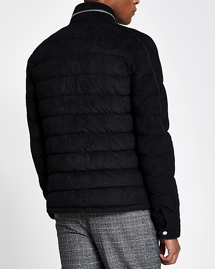 Black faux suede quilted racer jacket