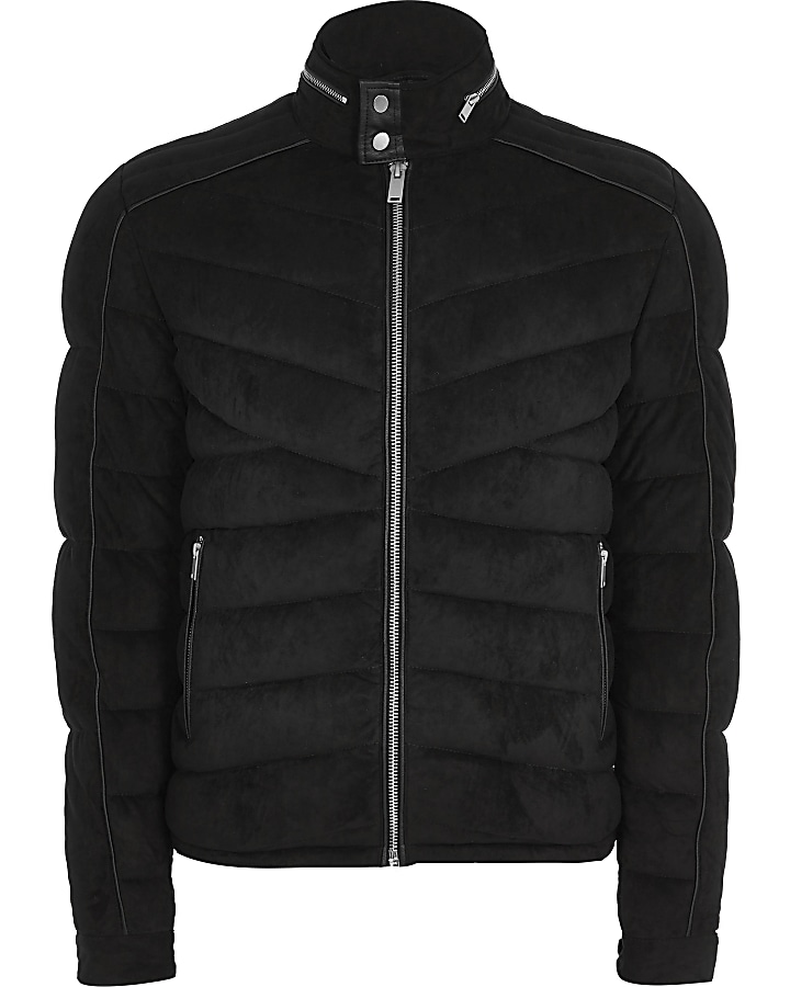 Black faux suede quilted racer jacket