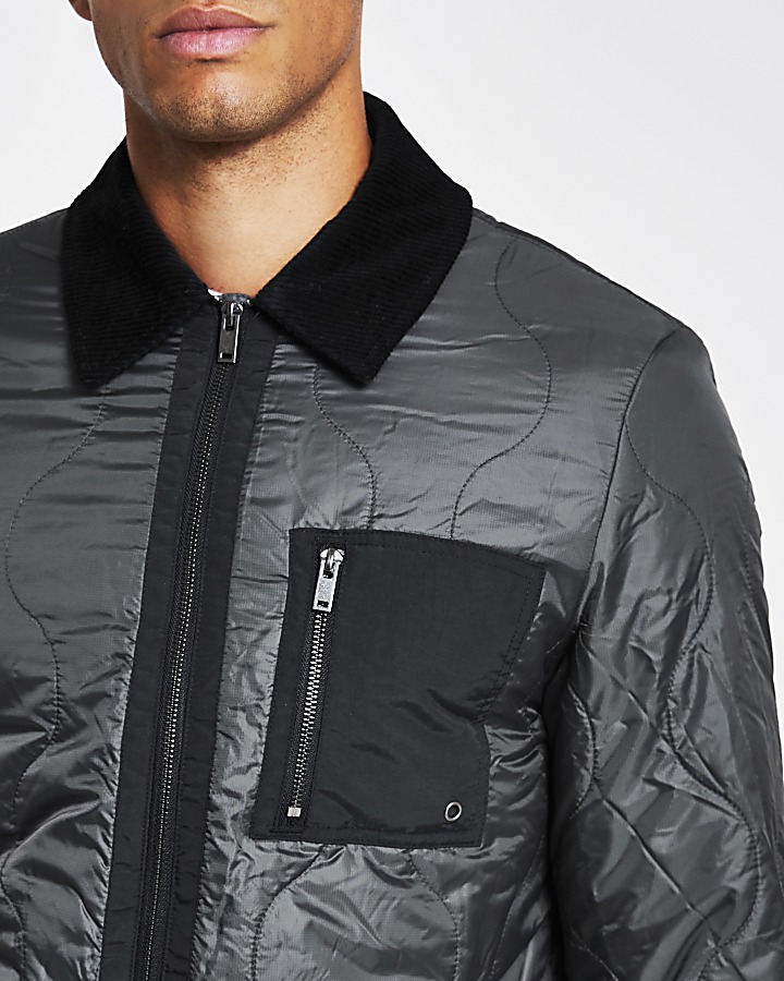 Dark grey patch pocket quilted jacket