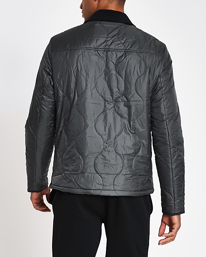 Dark grey patch pocket quilted jacket