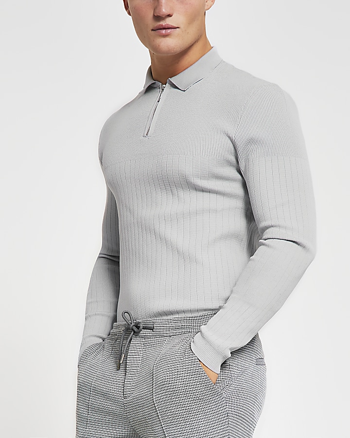 Grey long sleeve muscle knitted polo shirt