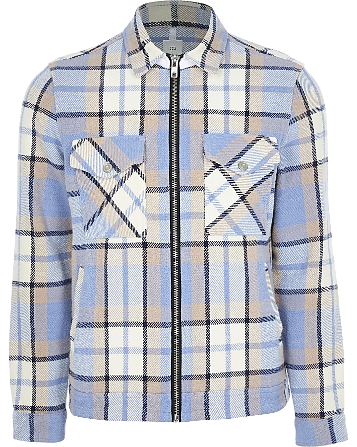 Blue check zip front long sleeve shacket