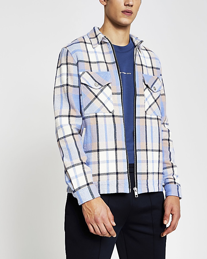 Blue check zip front long sleeve shacket