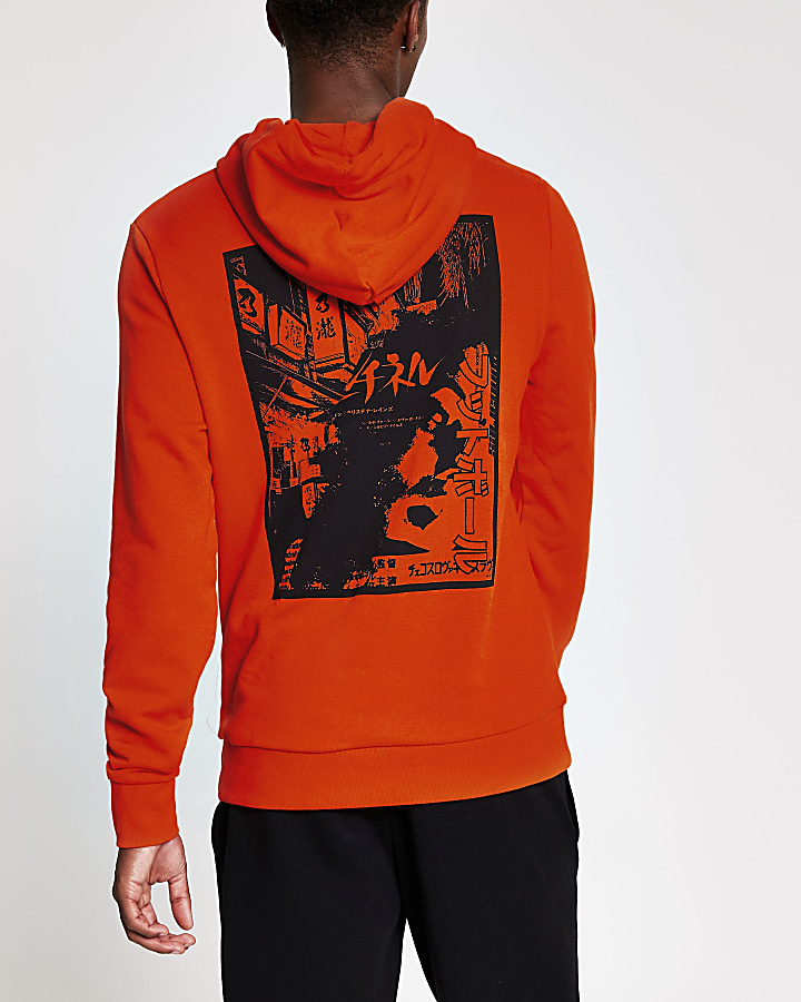 Orange print slim fit hoodie