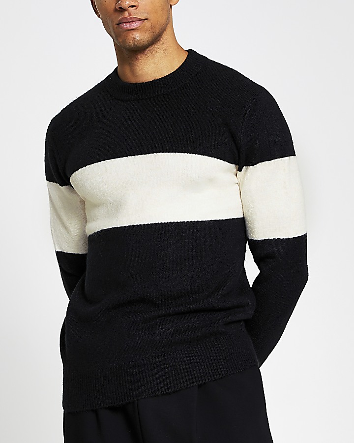 Black blocked slim fit knitted jumper