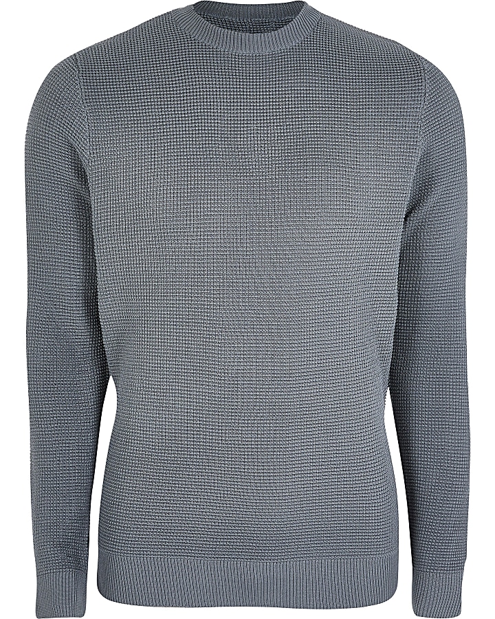 Blue long sleeve waffle knitted jumper
