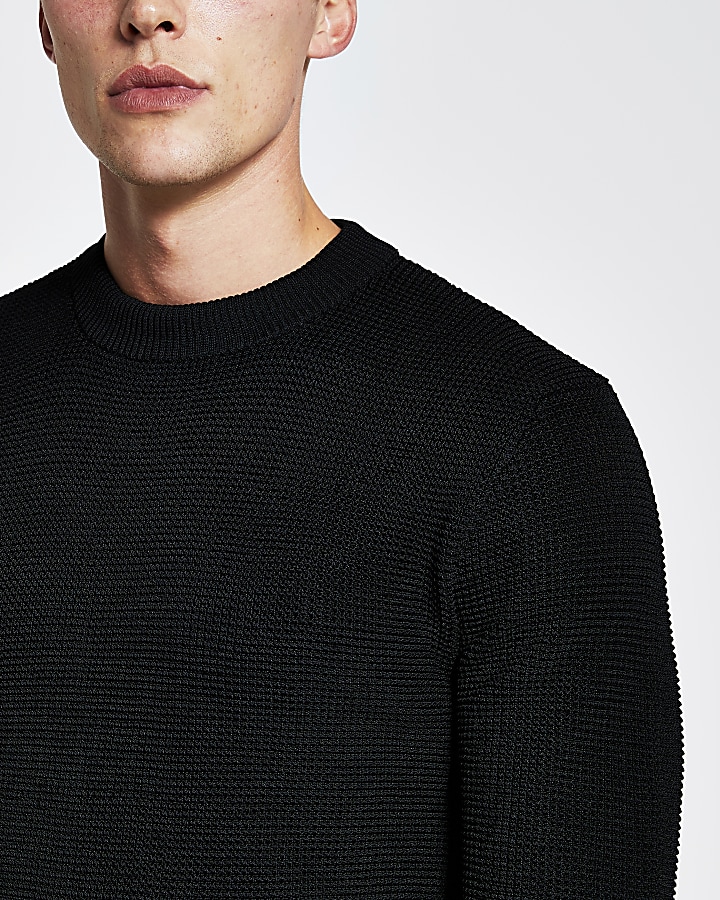 Black long sleeve waffle knitted jumper