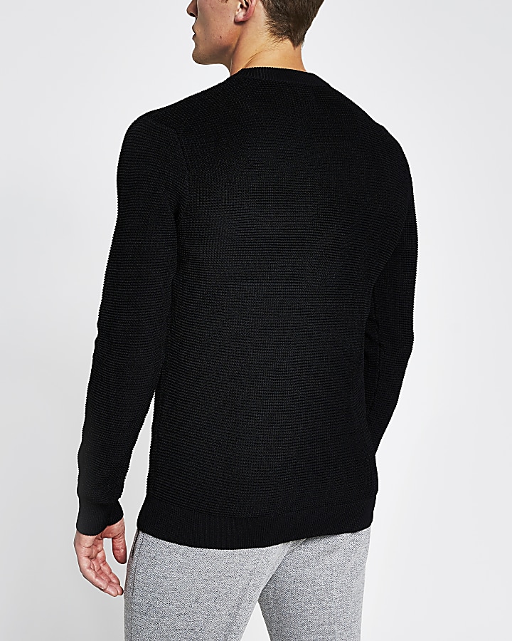 Black long sleeve waffle knitted jumper