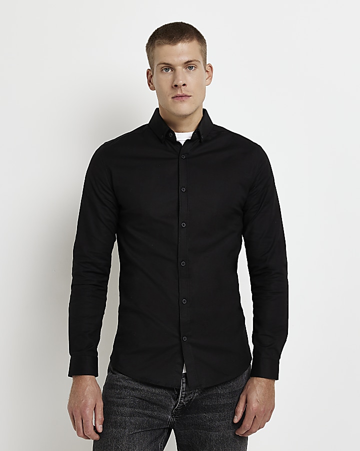 Black slim fit oxford shirt | River Island