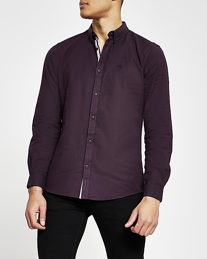 Red long sleeve slim fit oxford shirt
