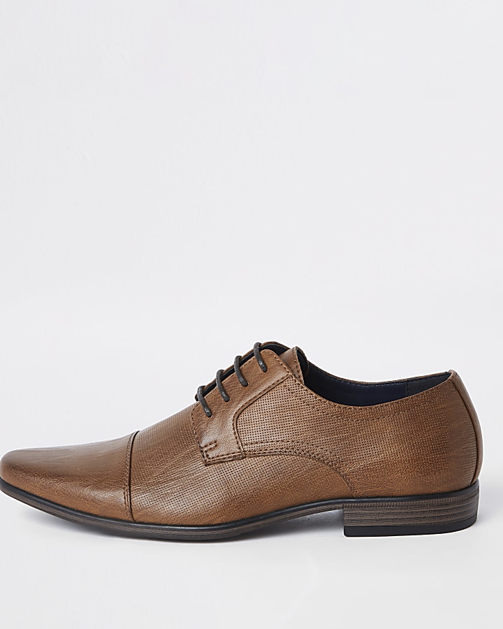 Brown faux leather derby shoes | River Island