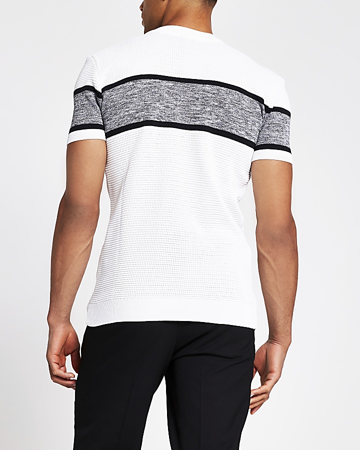 White slim fit block knitted T-shirt