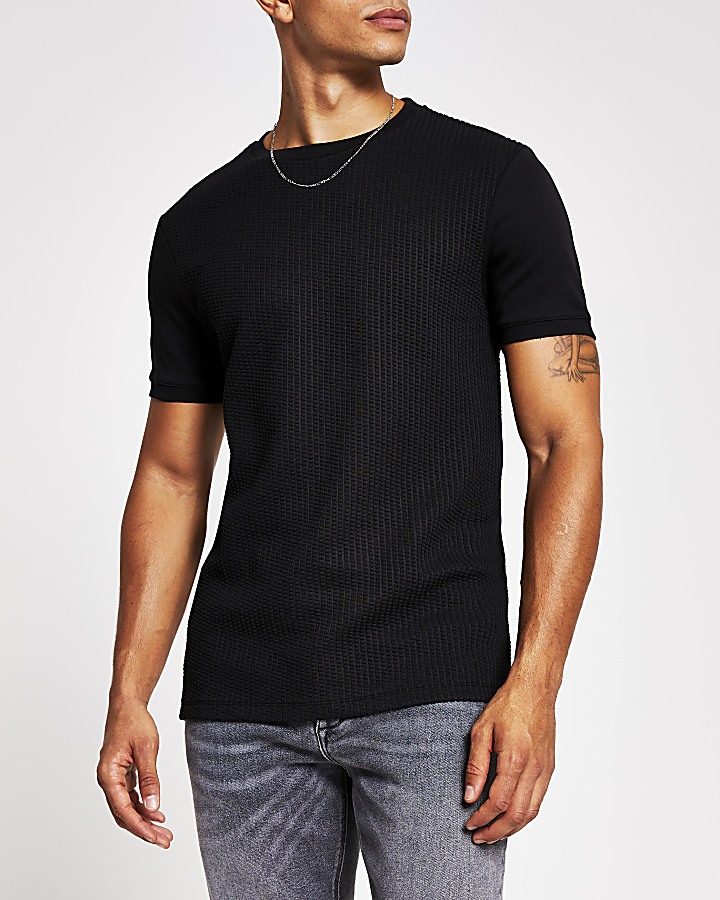 Black textured slim fit T-shirt