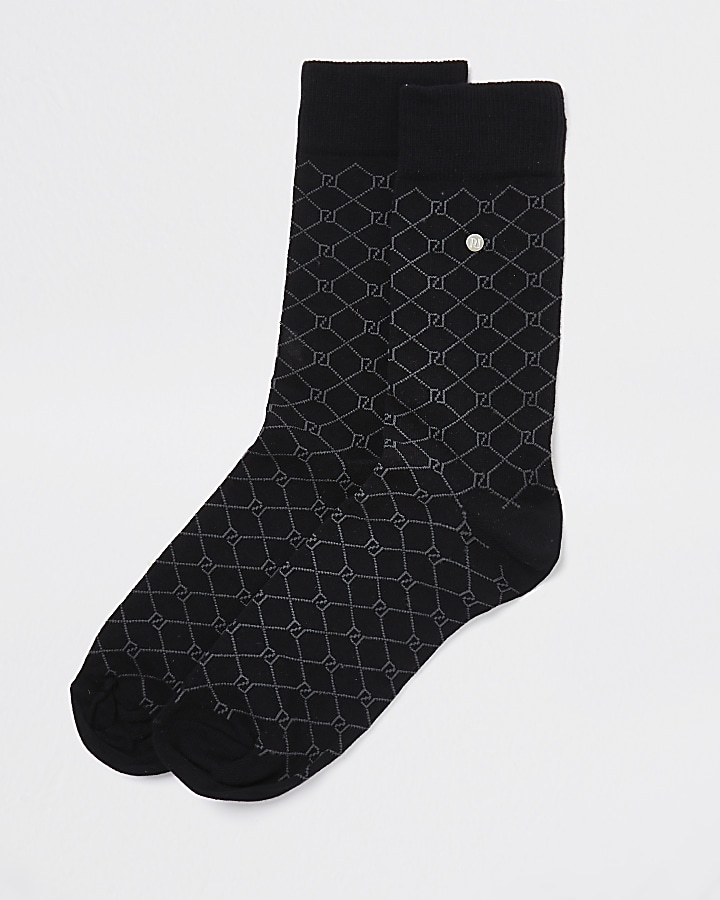 Black RI monogram printed socks