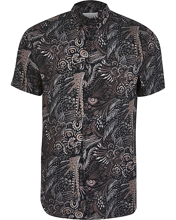 Black leaf print slim fit short sleeve shirt