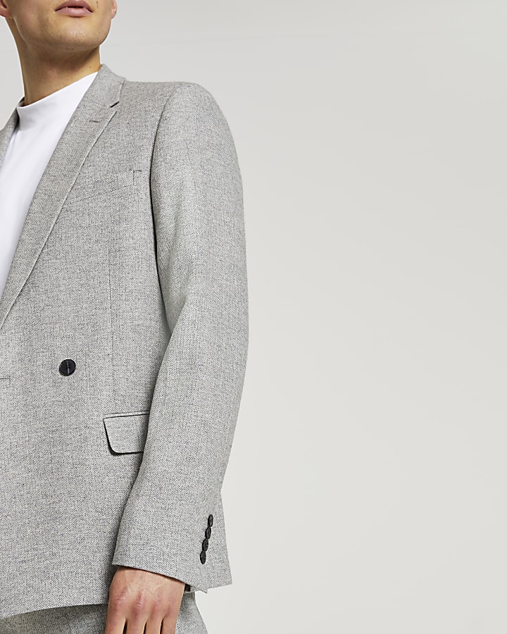 Grey herringbone double breasted suit jacket