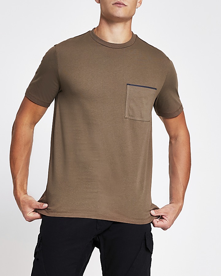 Brown slim fit short sleeve pocket T-shirt