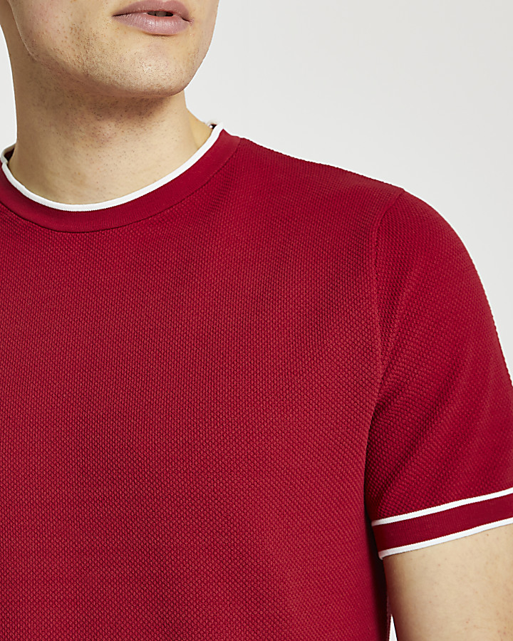 Red contrast stitch slim fit knitted t-shirt