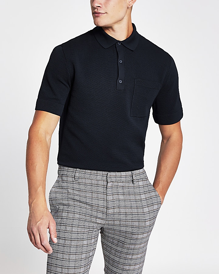 Navy regular fit knitted polo shirt