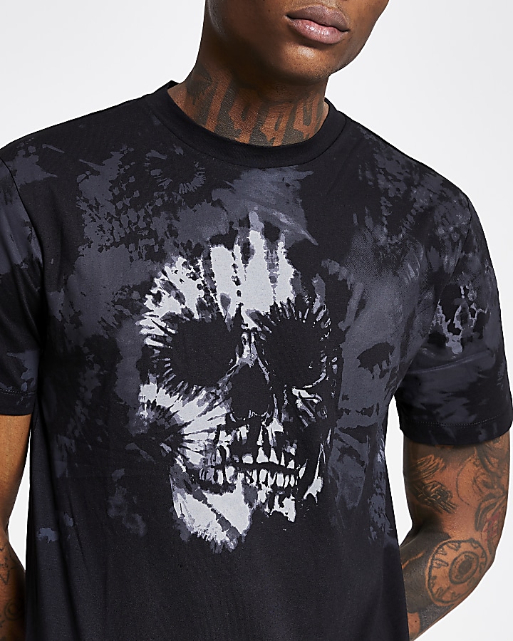 Black tie dye skull print slim fit T-shirt