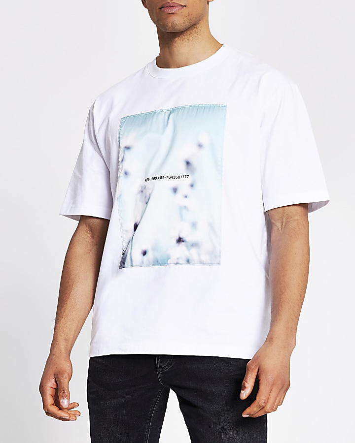 White satin printed front box fit T-shirt