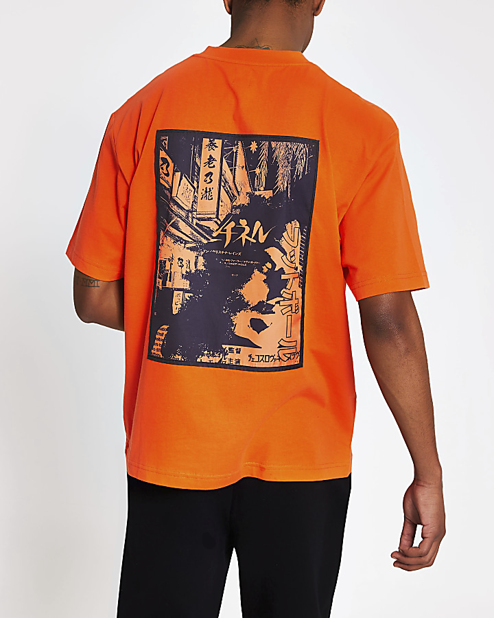 Orange boxy Japanese Oriental print t-shirt