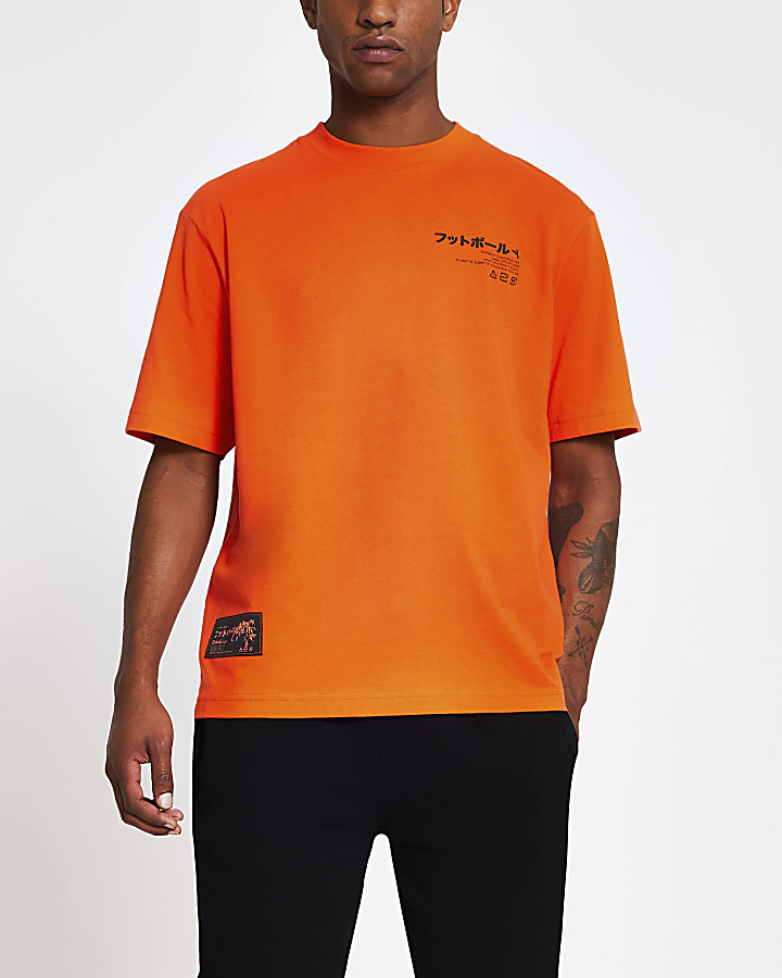 Orange boxy Japanese Oriental print t-shirt