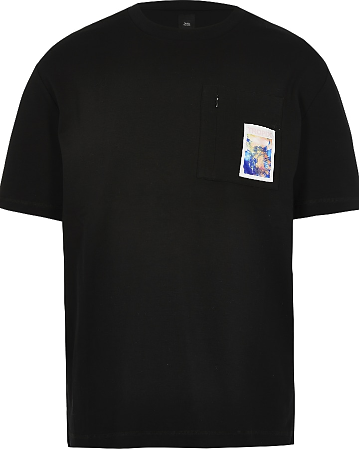 Black printed zip chest pocket T-shirt