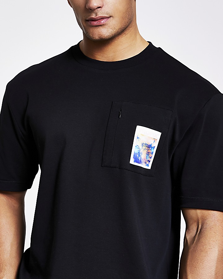Black printed zip chest pocket T-shirt