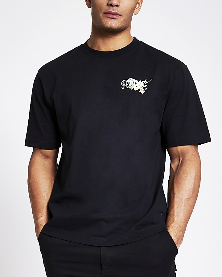 Black printed short sleeve boxy T-shirt