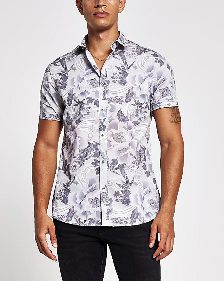 Blue floral print slim fit short sleeve shirt
