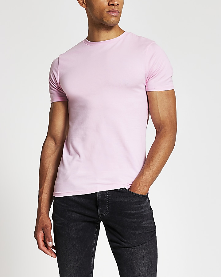 Pink crew neck muscle fit T-shirt