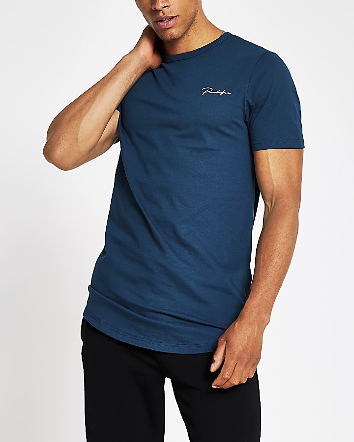 Prolific blue curved hem muscle fit T-shirt