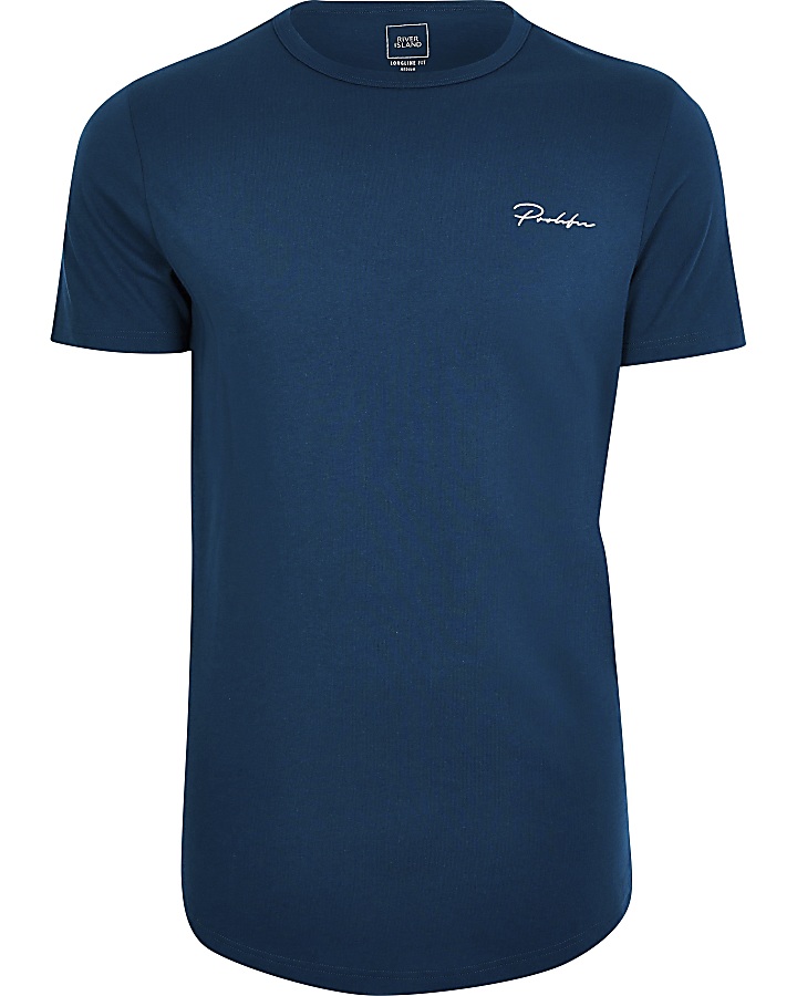 Prolific blue curved hem muscle fit T-shirt