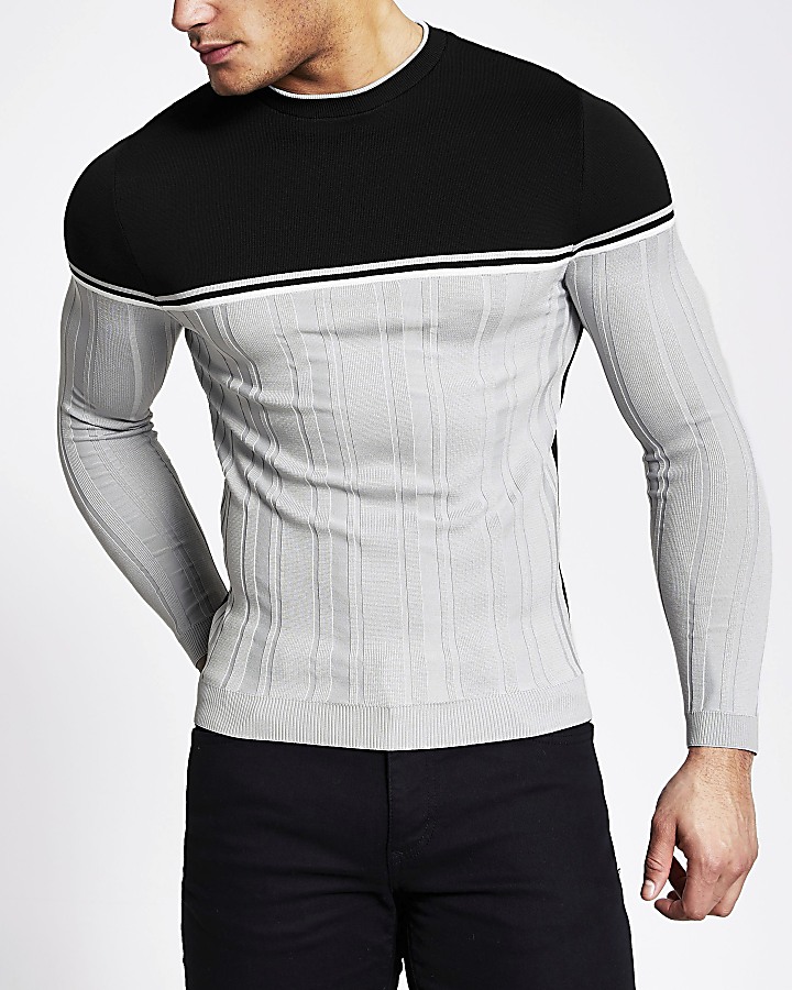 Grey block muscle fit ribbed knit jumper