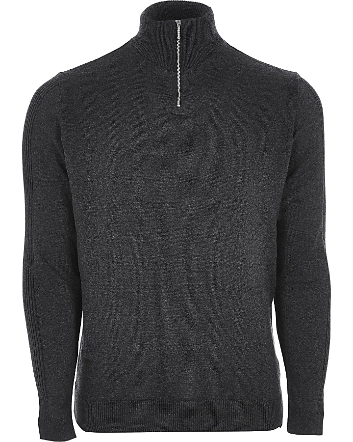 Grey half zip slim fit knitted jumper